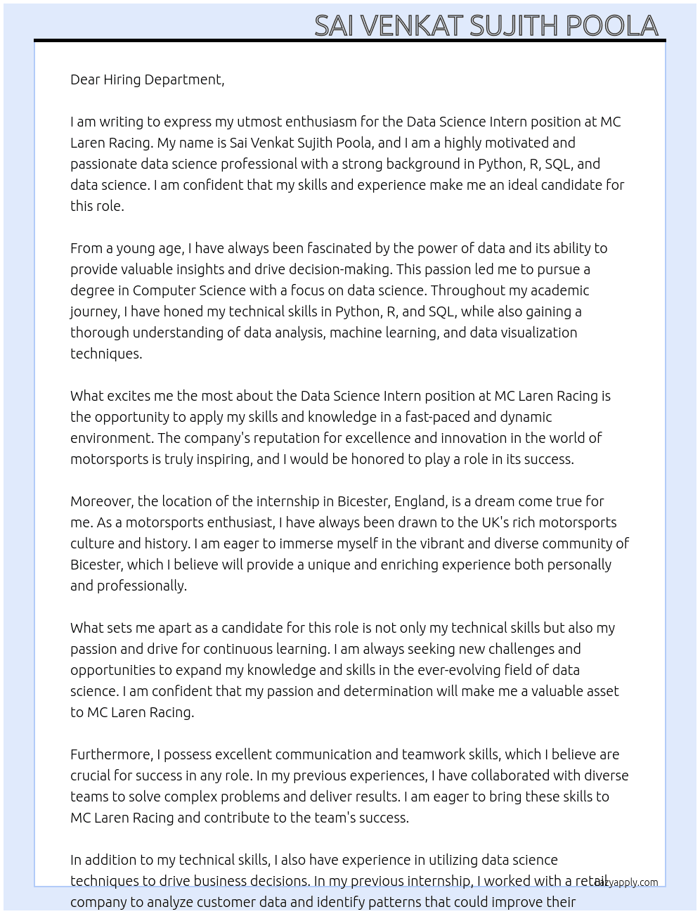 Data science Intern At MC Laren Racing  Cover Letter