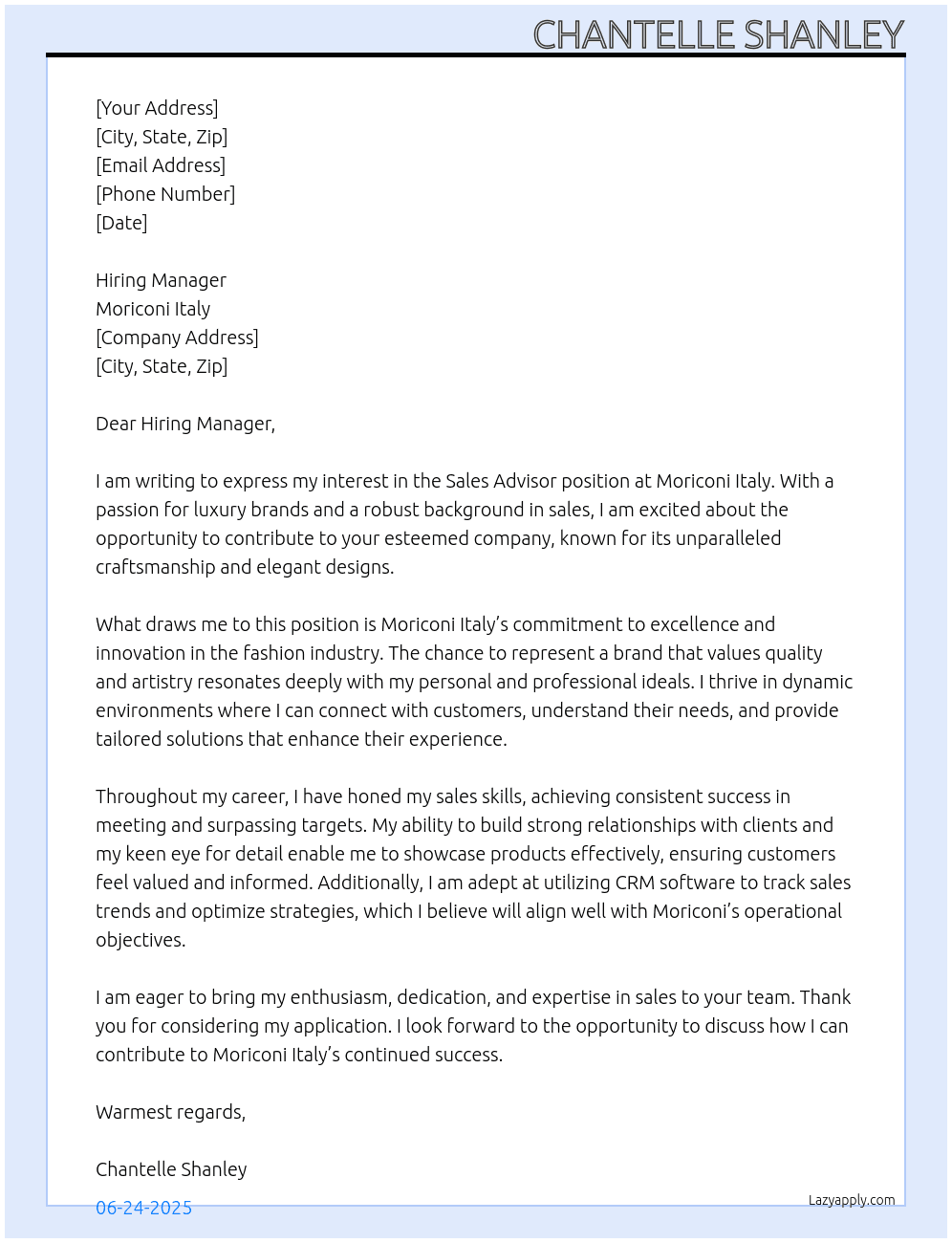 Sales Advisor At Moriconi Italy Cover Letter