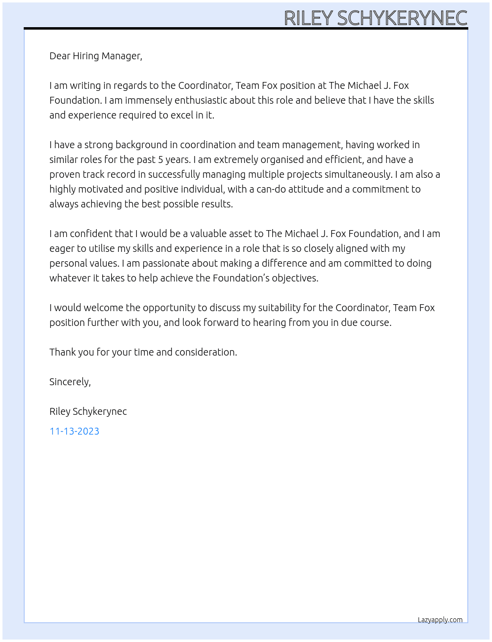 Coordinator, Team Fox At The Michael J. Fox Foundation Cover Letter