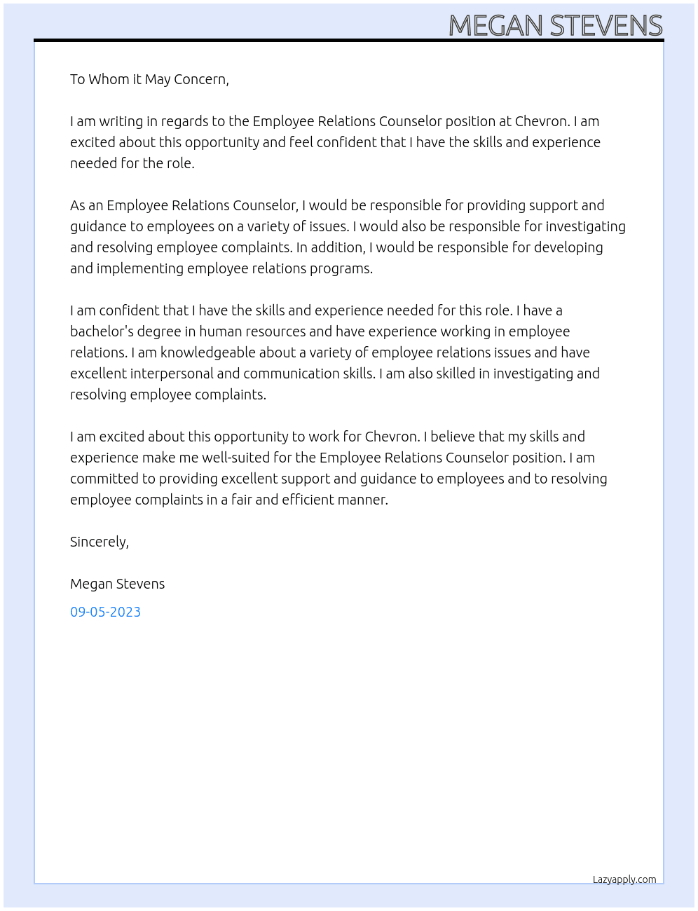 Employee Relations Counselor At Chevron Cover Letter