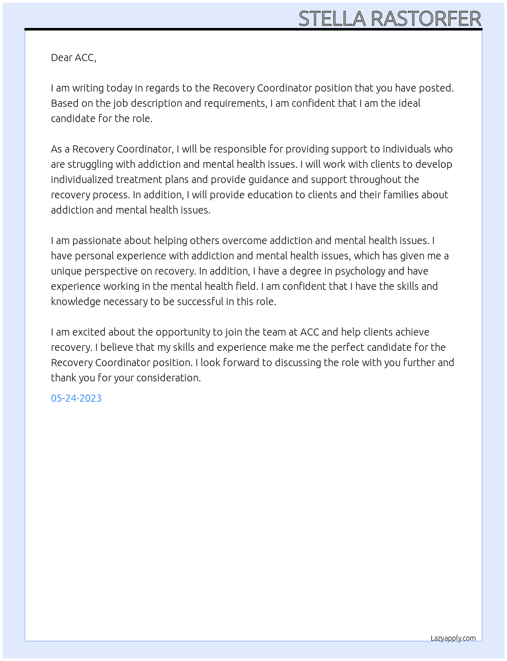 Recovery Coordinator  At ACC Cover Letter