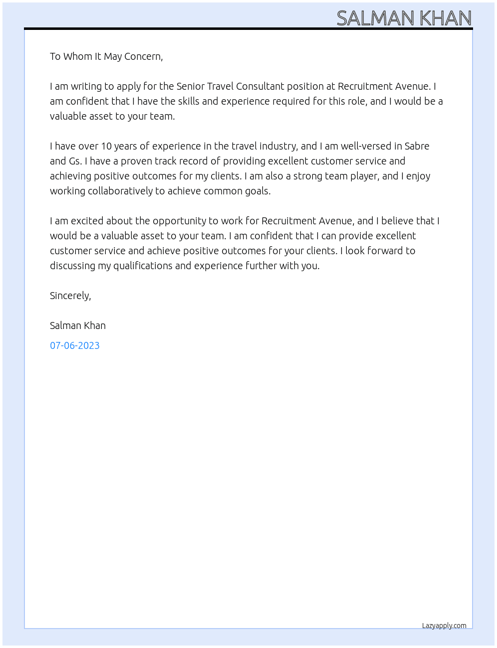 Senior Travel Consultant At Recruitment Avenue Cover Letter