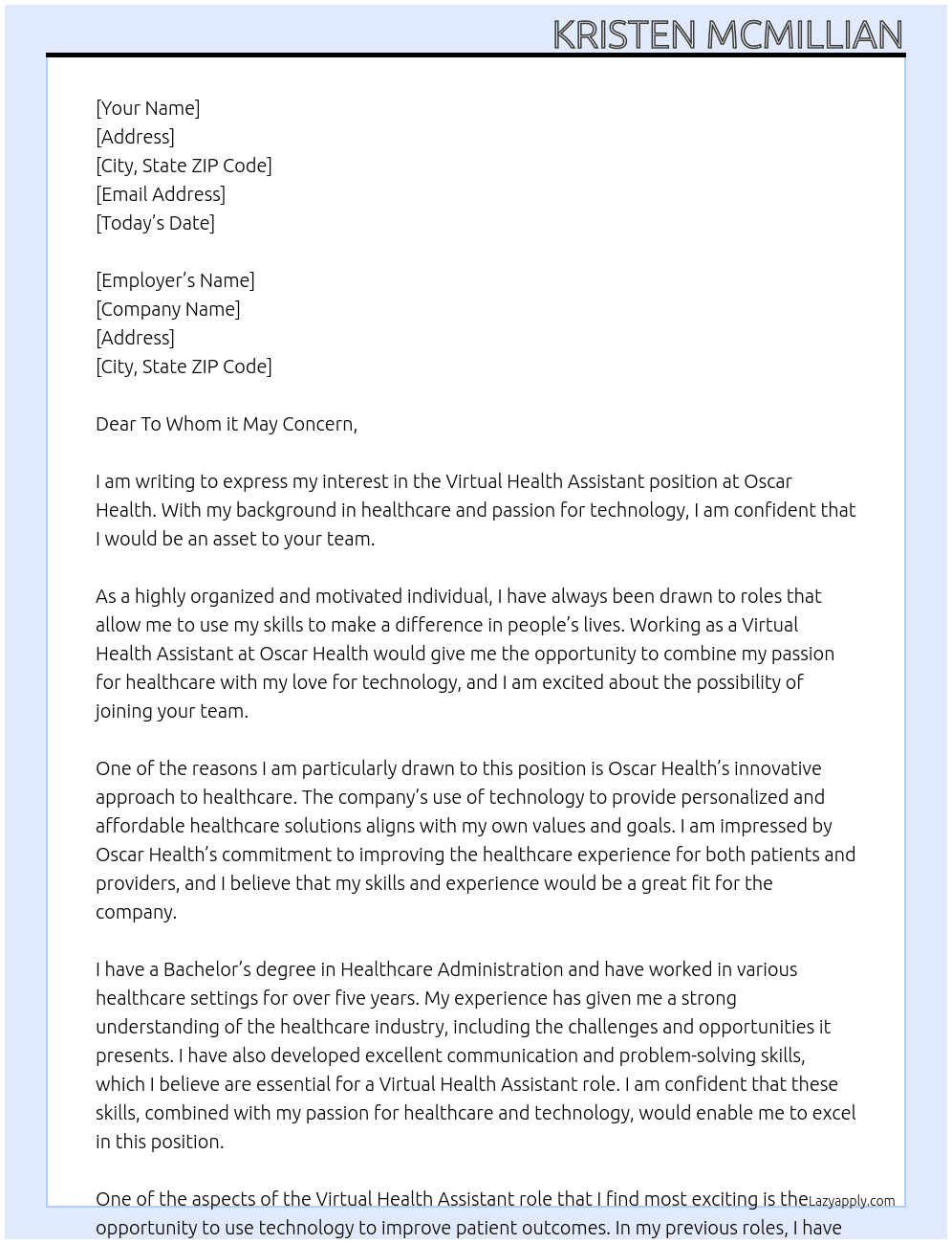Virtual Health Assistant  At Oscar Health Cover Letter