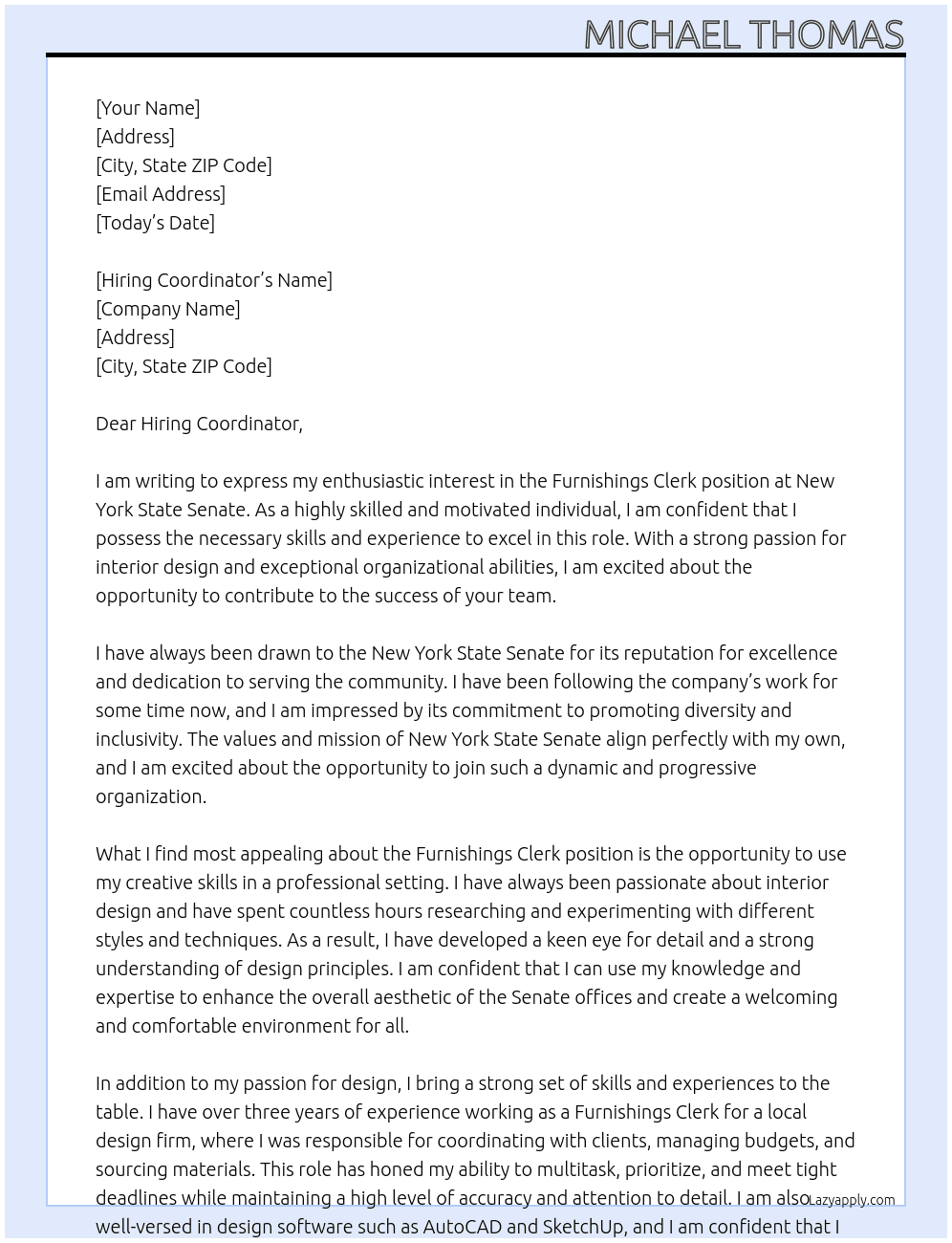 Furnishings Clerk At New York State Senate Cover Letter