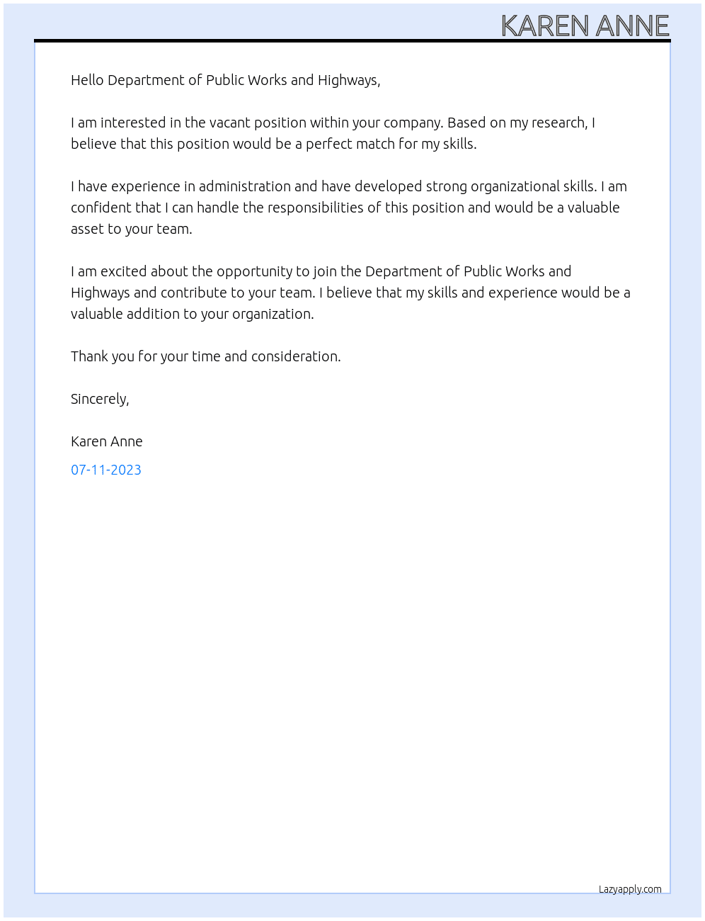 vacant position At department of public works and highways Cover Letter