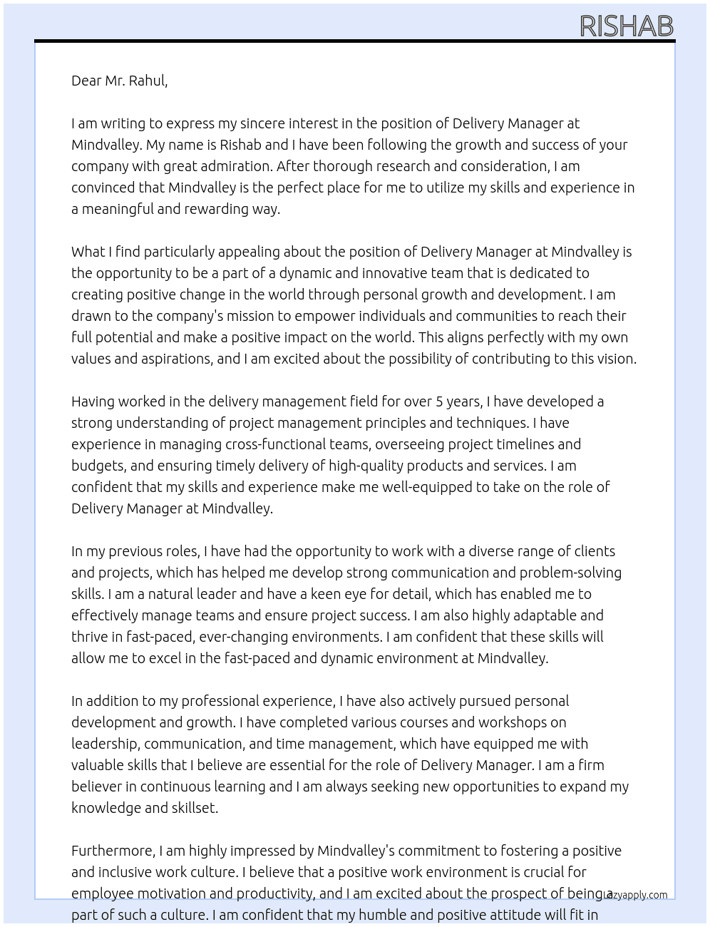 Delivery Manager At Mindvalley Cover Letter