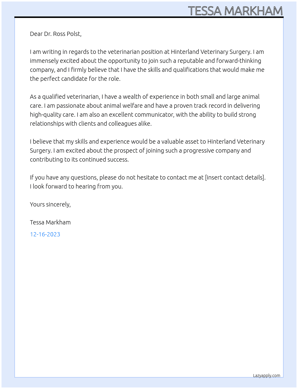 veterinarian At Hinterland Veterinary Surgery Cover Letter