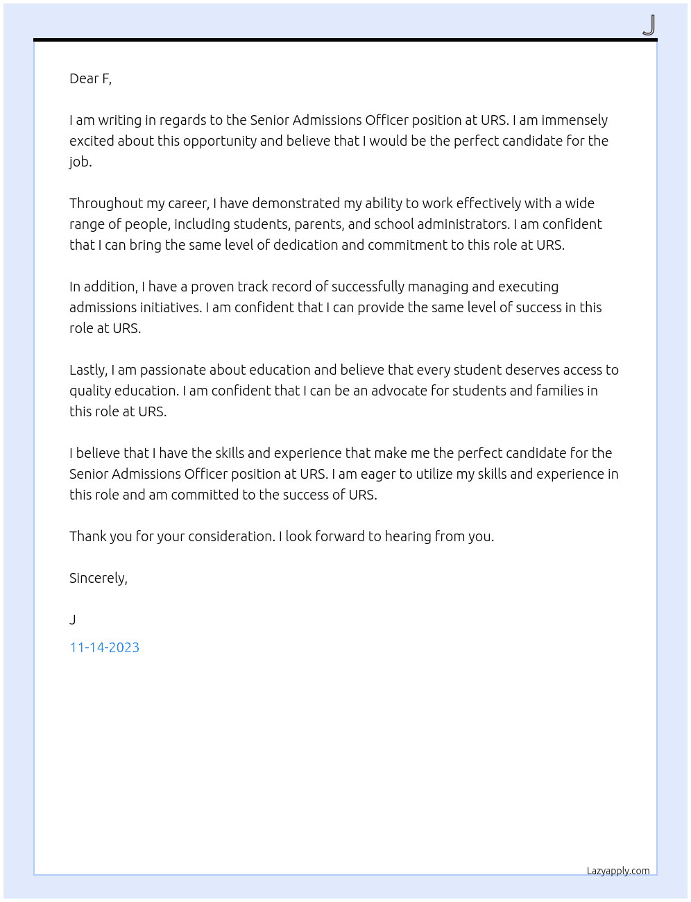 Senior Admissions Officer At URS Cover Letter