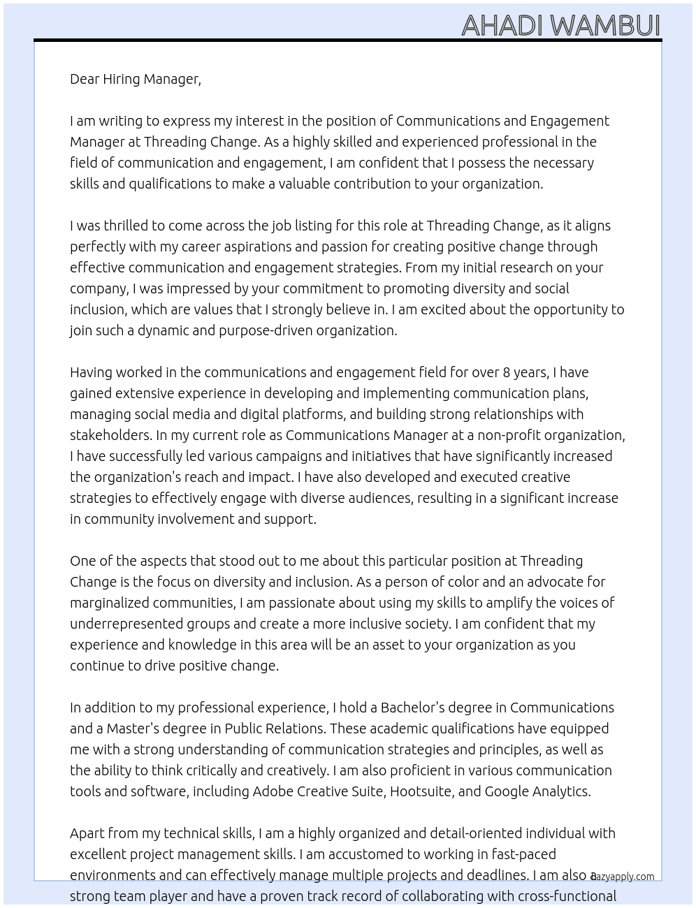 Communications and Engagement Manager At Threading Change Cover Letter