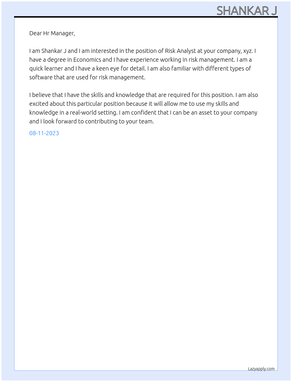 Risk Analyst At xyz Cover Letter