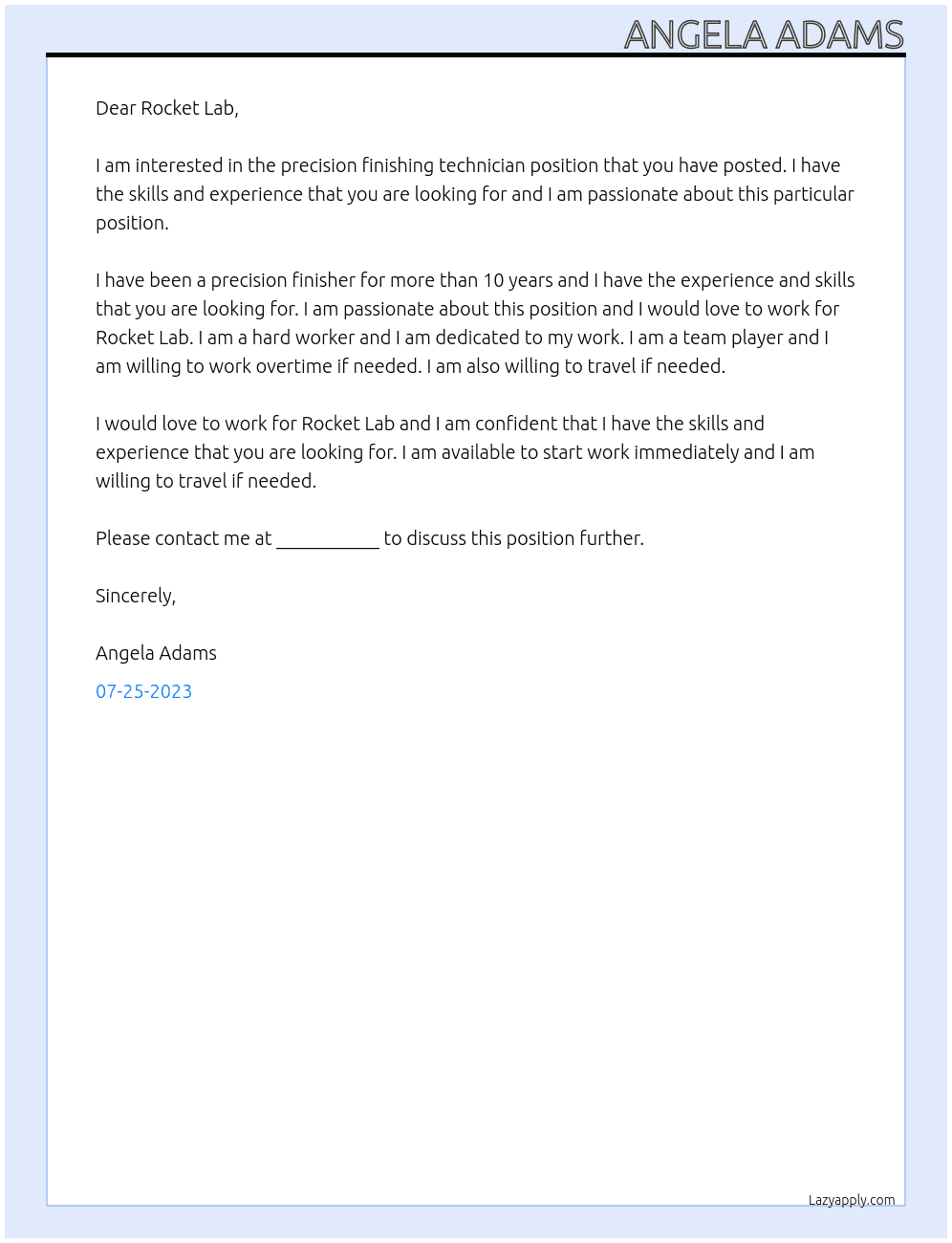 Precision finishing technician At Rocket Lab Cover Letter