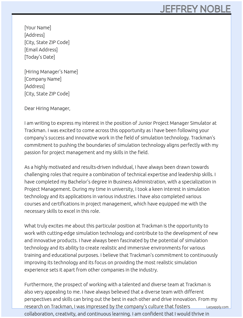 Junior Project Manager Simulator At Trackman Cover Letter