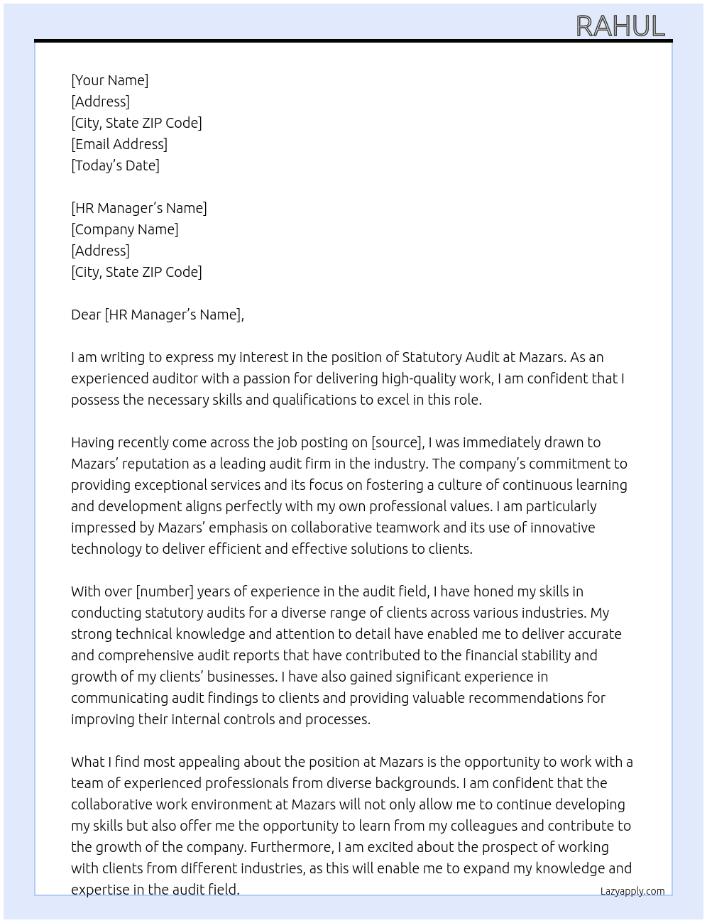 Statutory audit  At Mazars  Cover Letter