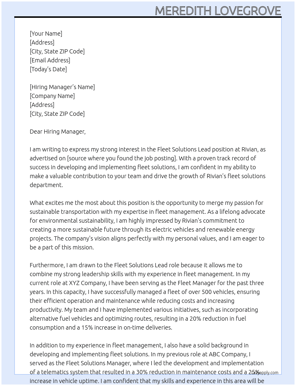 Fleet Solutions Lead At Rivian Cover Letter