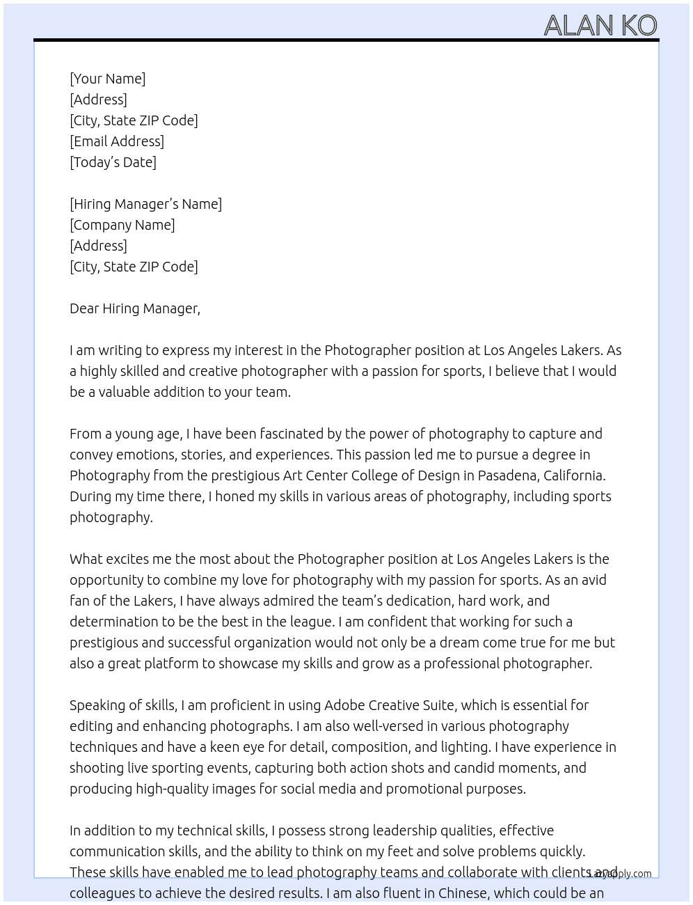 Photographer At Los Angeles Lakers Cover Letter