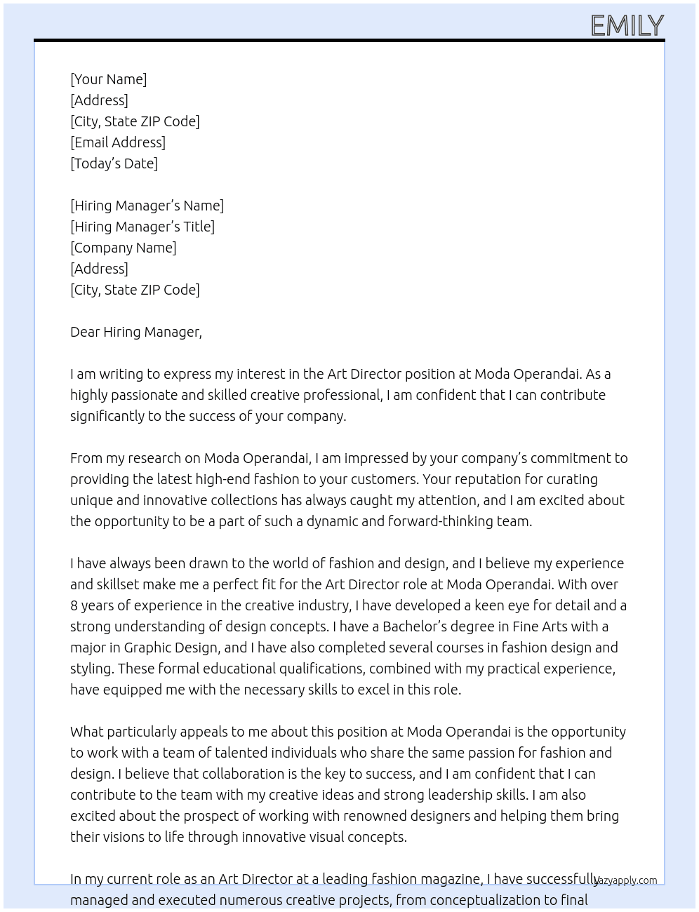 Art Director At Moda Operandai Cover Letter