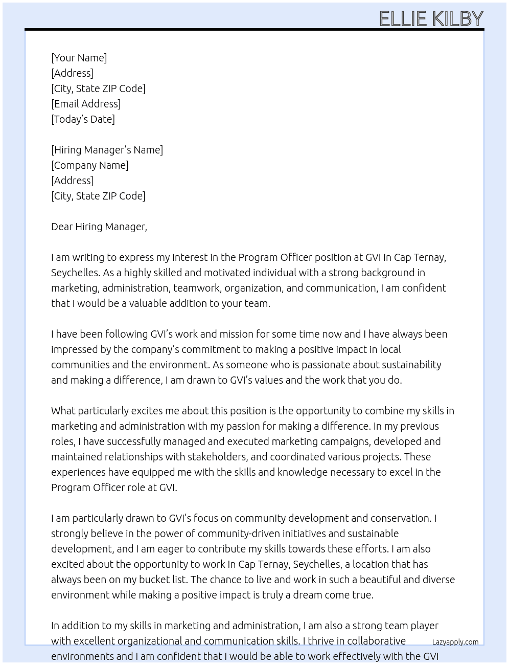 Program Officer At GVI Cover Letter