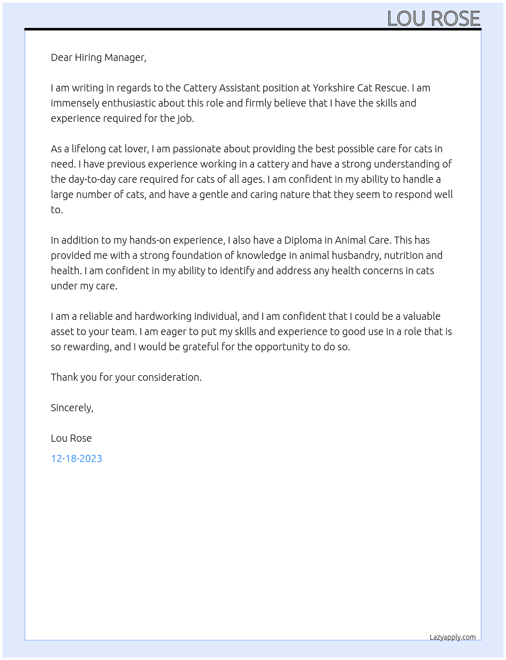 Cattery Assistant  At Yorkshire Cat Rescue  Cover Letter