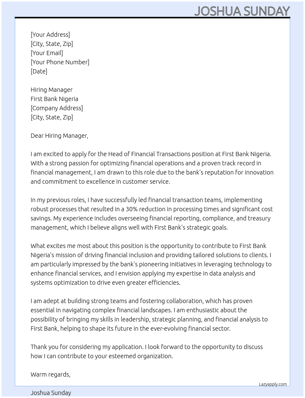 Head of financial transactions At First bank Nigeria Cover Letter