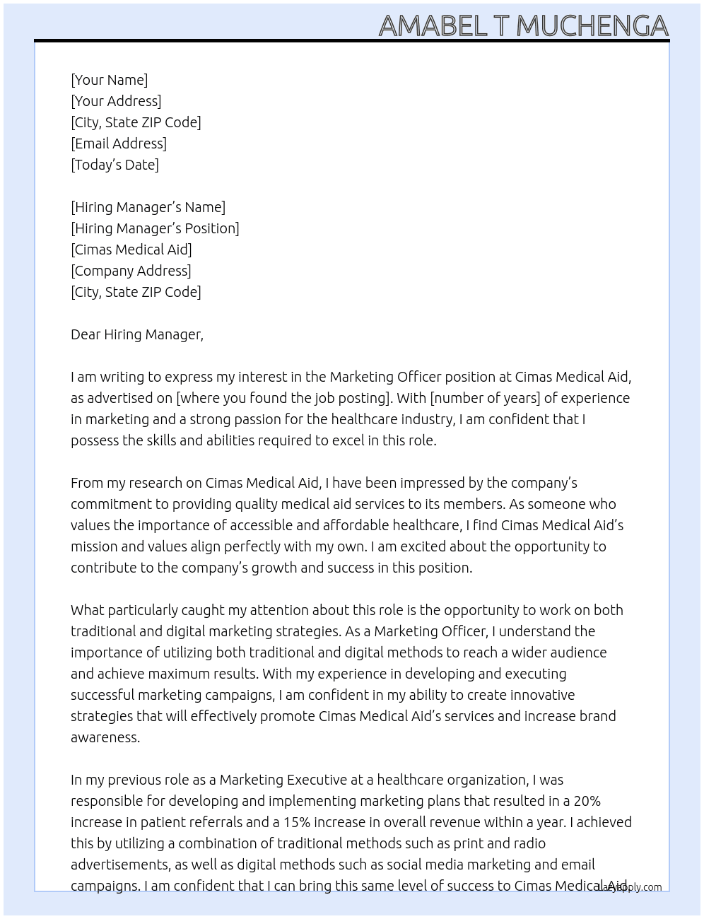 Marketing Officer At Cimas Medical Aid Cover Letter