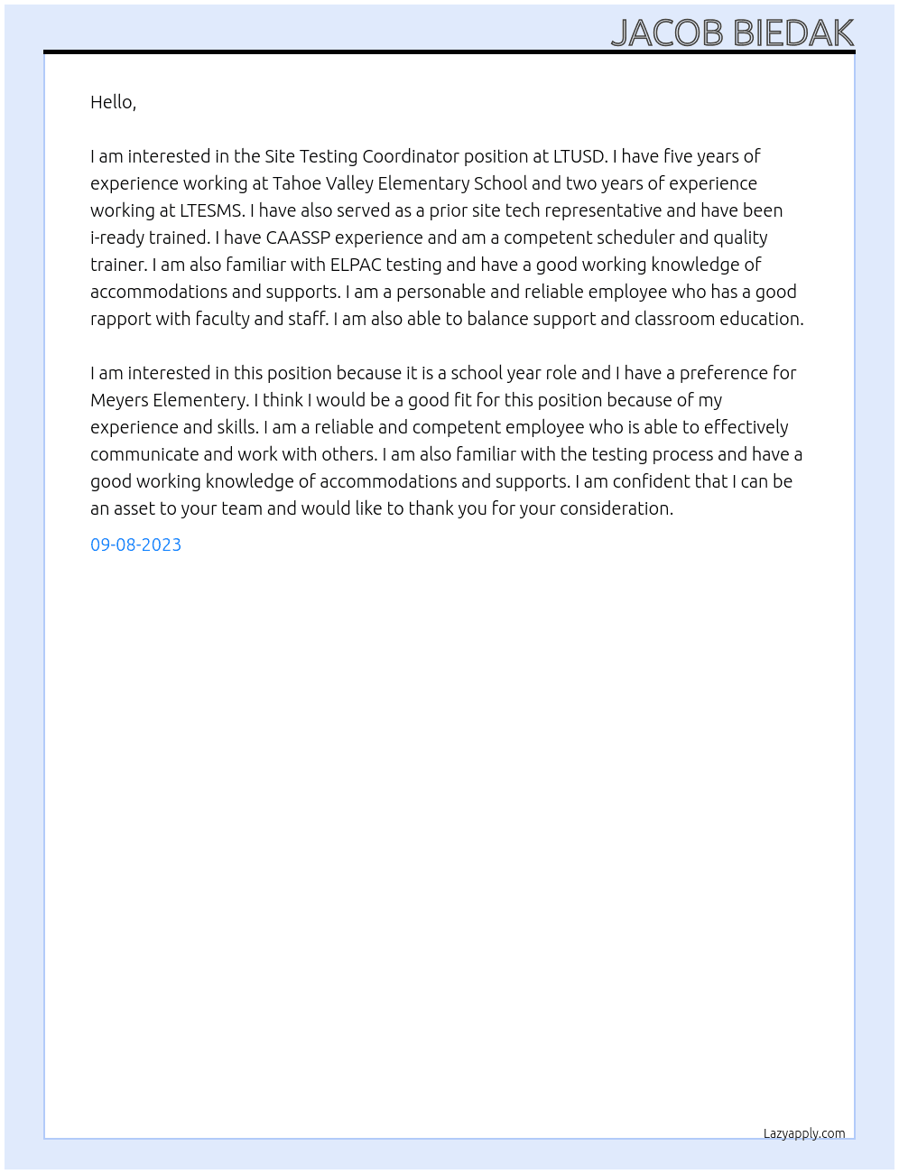 Site Testing Coordinator At LTUSD Cover Letter