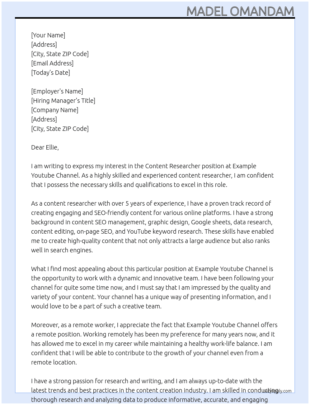 content researcher At Example Youtube Channel Cover Letter