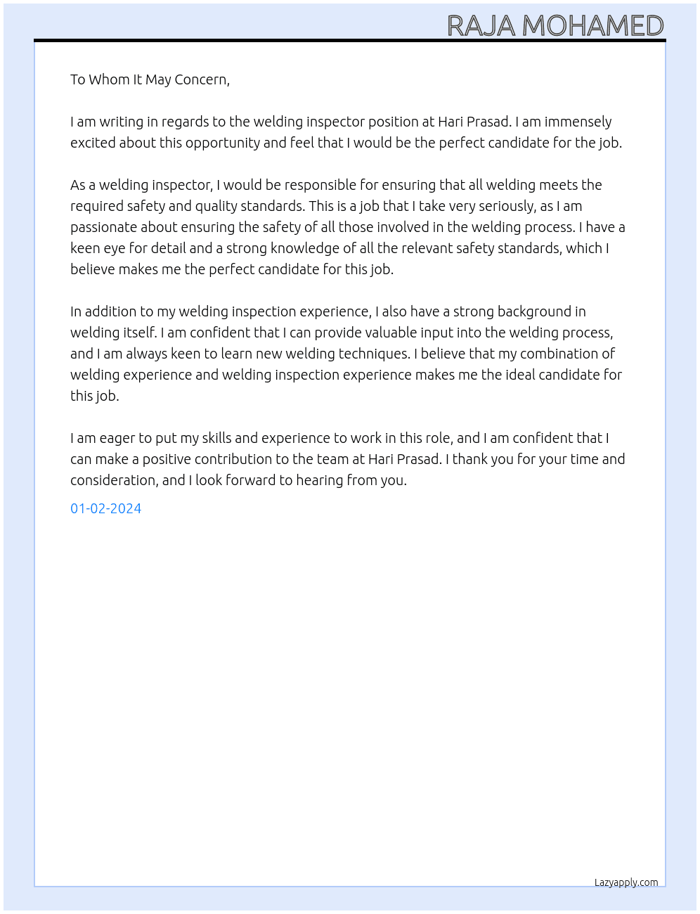 Welding inspector At Hari Prasad Cover Letter