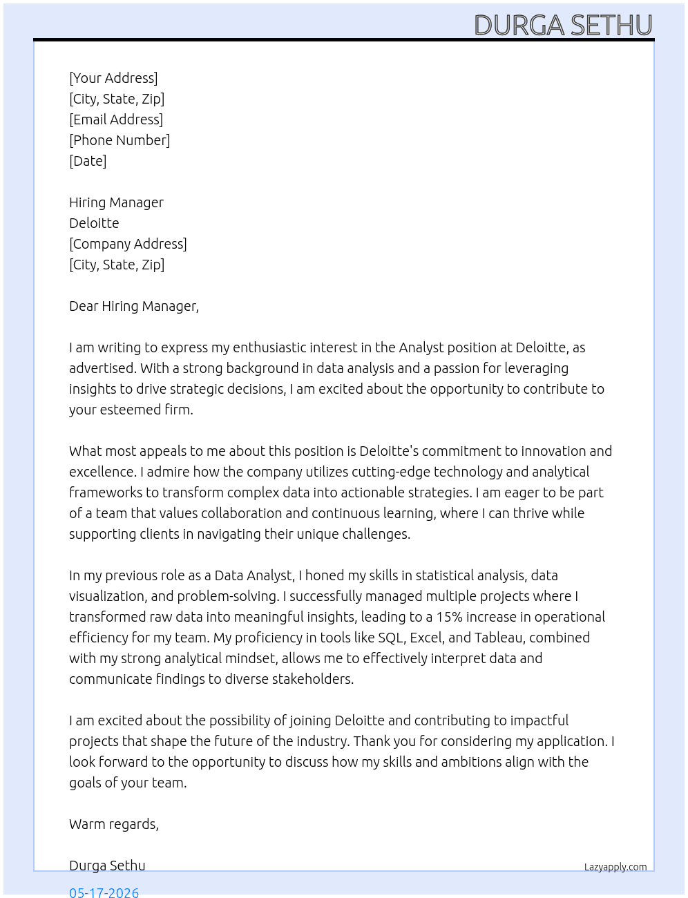 Cover letter for analyst - LazyApply