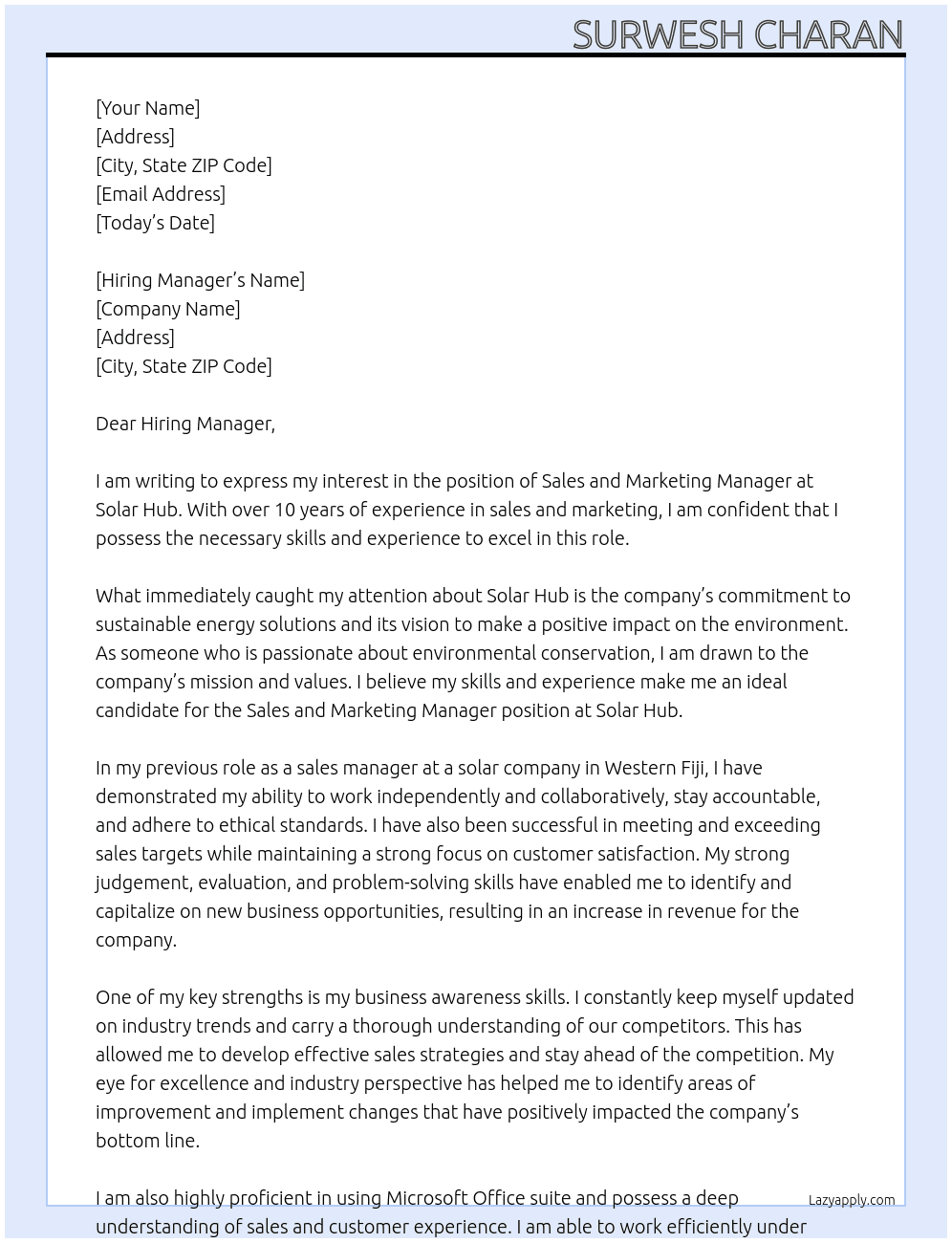 Sales and Marketing manager At Solar Hub Cover Letter