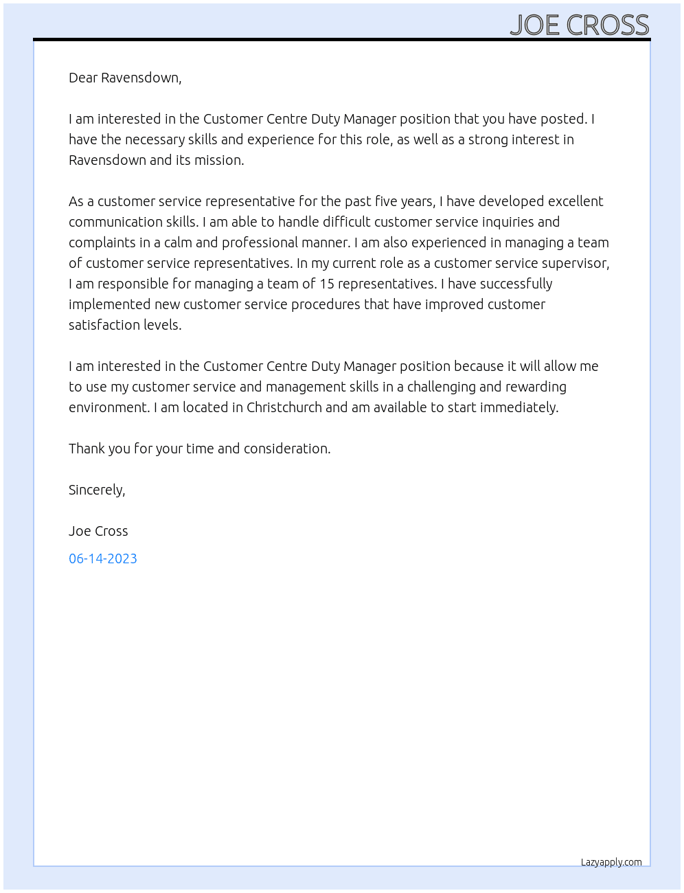 Customer Centre Duty Manager At Ravensdown Cover Letter