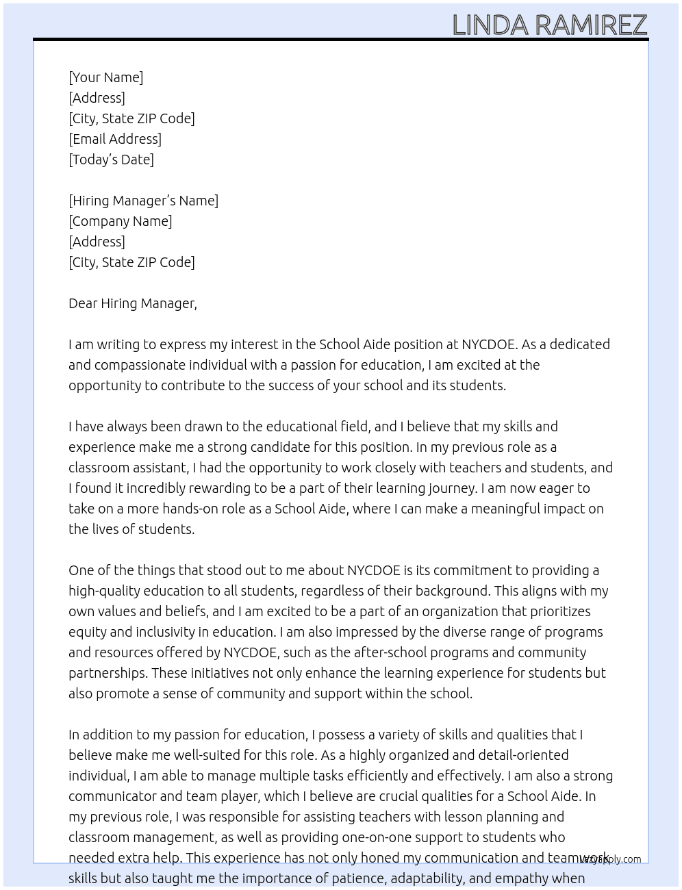 School Aide At NYCDOE Cover Letter