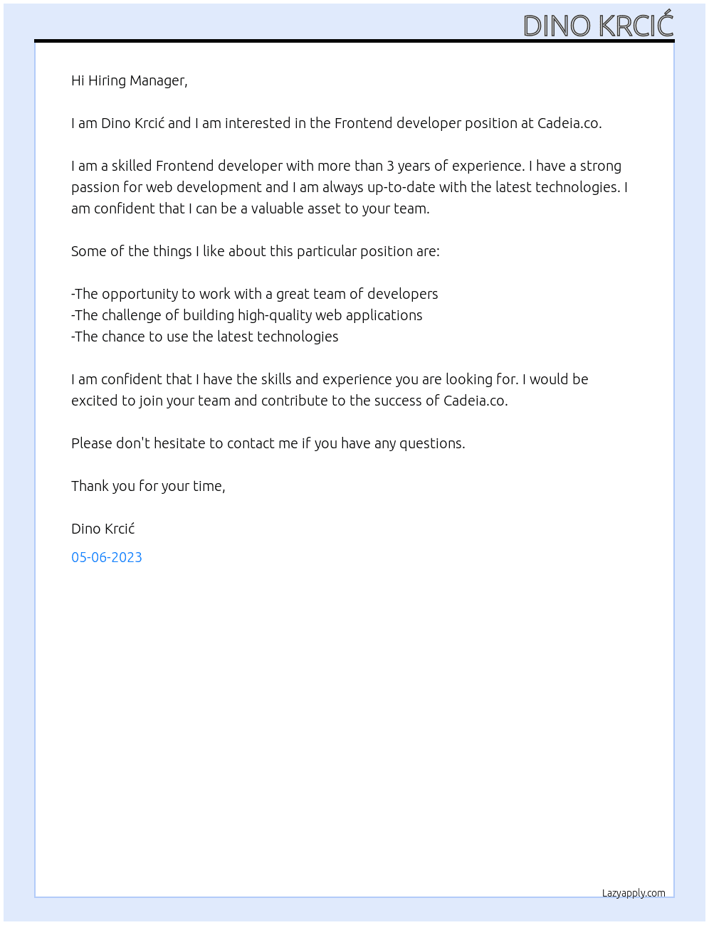 Frontend developer At Cadeia.co Cover Letter