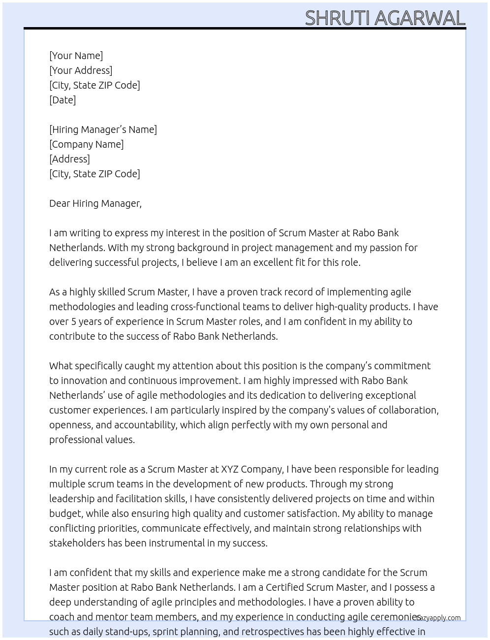 SCRUM MASTER At Rabo Bank Netherlands  Cover Letter