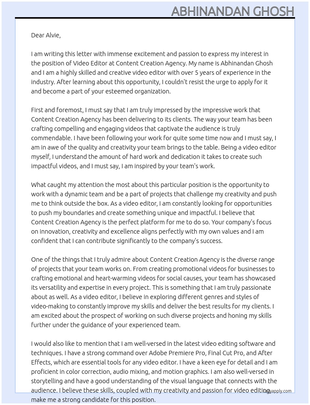 VIDEO EDITOR At CONTENT CREATION AGENCY Cover Letter