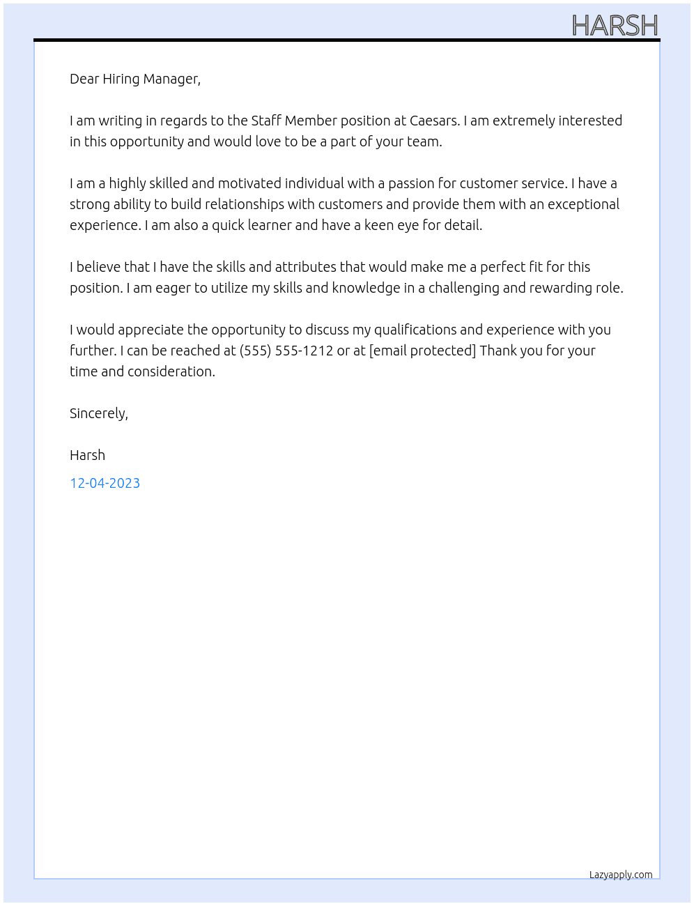 Staff Member At Caesars Cover Letter