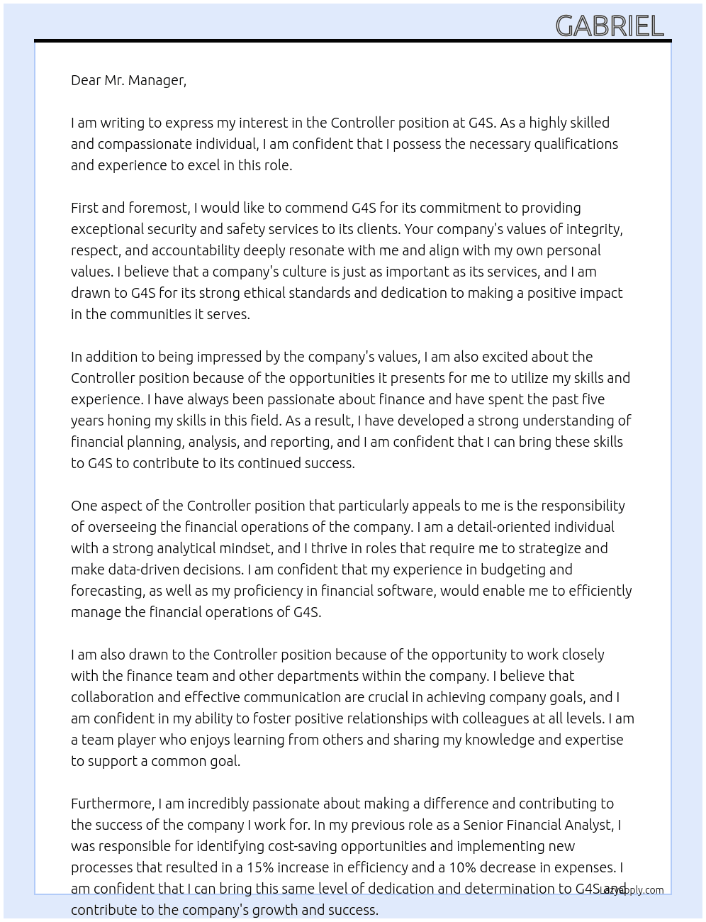Controller  At G4S Cover Letter