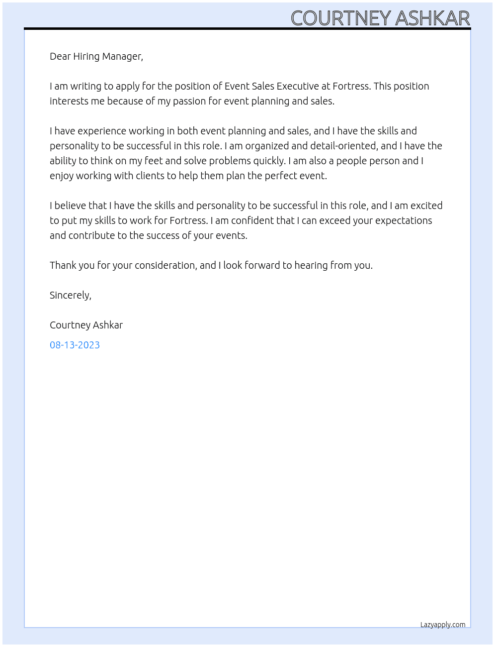 Event Sales Executive At Fortress Cover Letter
