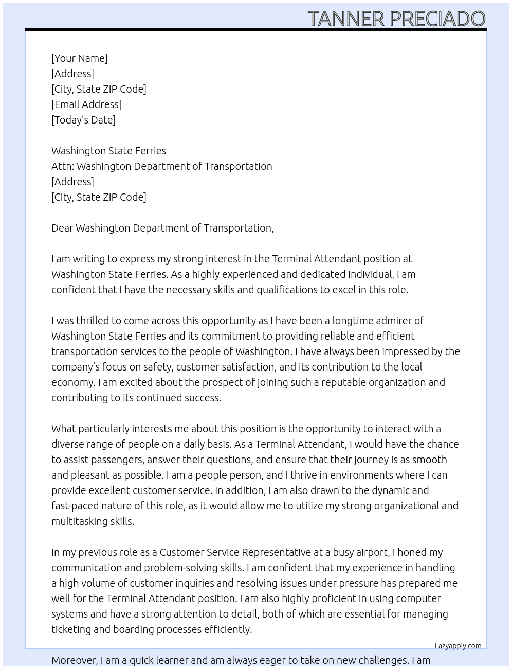 Terminal Attendant At Washington State Ferries Cover Letter