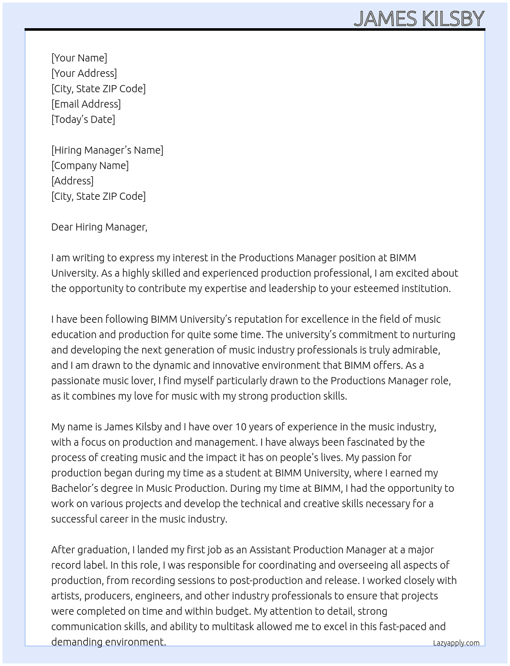 Productions Manager At BIMM University Cover Letter