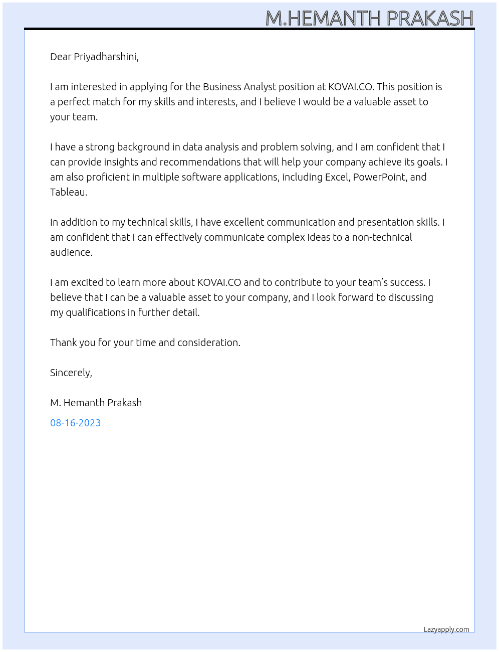 Business Analyst  At KOVAI.CO Cover Letter