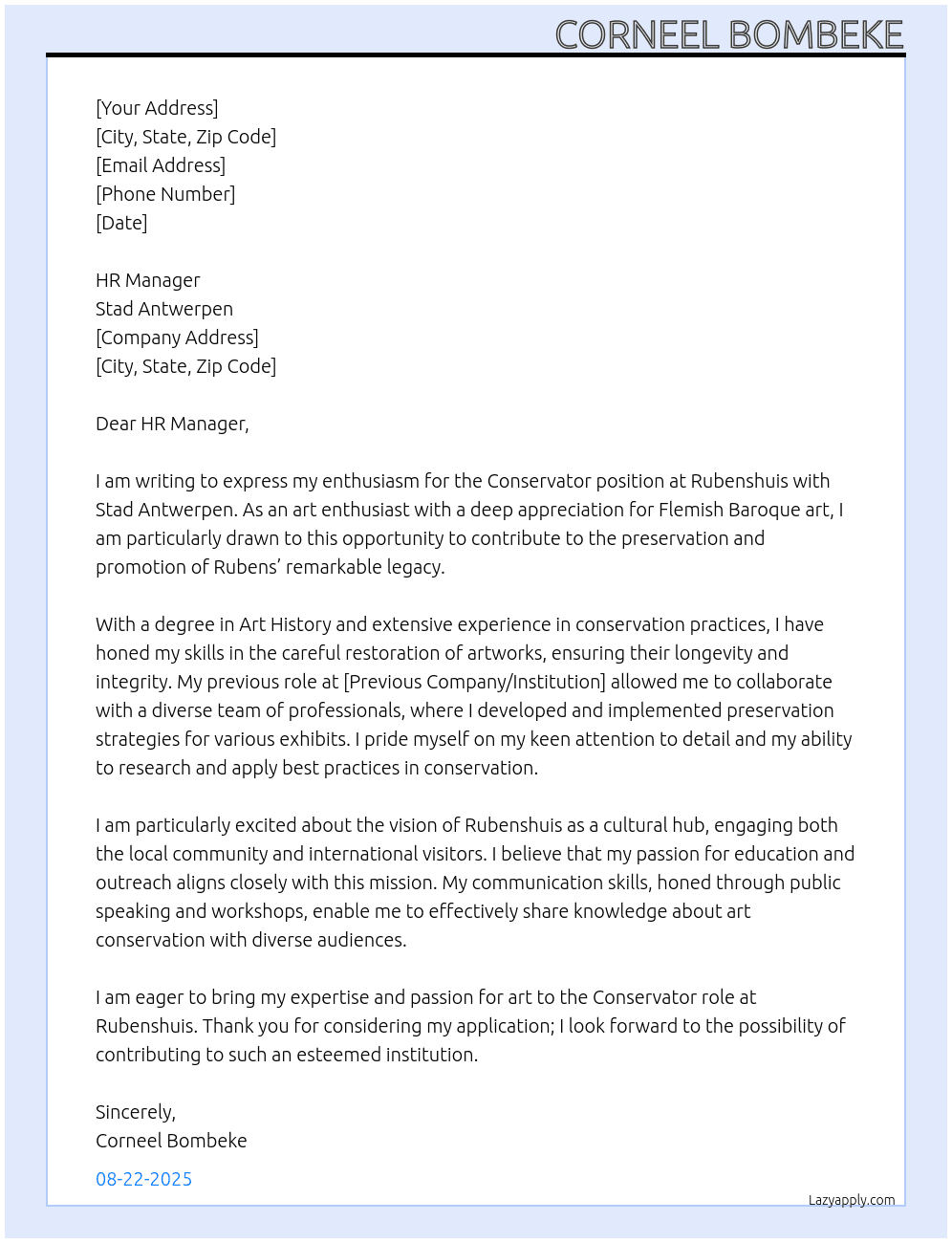 Cover letter for conservator rubenshuis - LazyApply