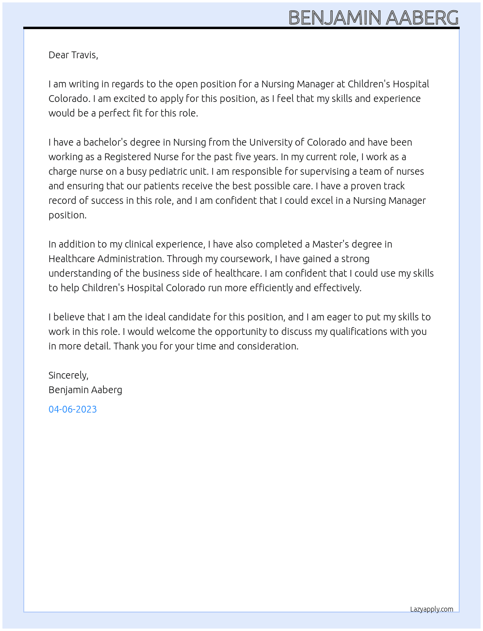 Nursing Manager At Children's Hospital Colorado Cover Letter