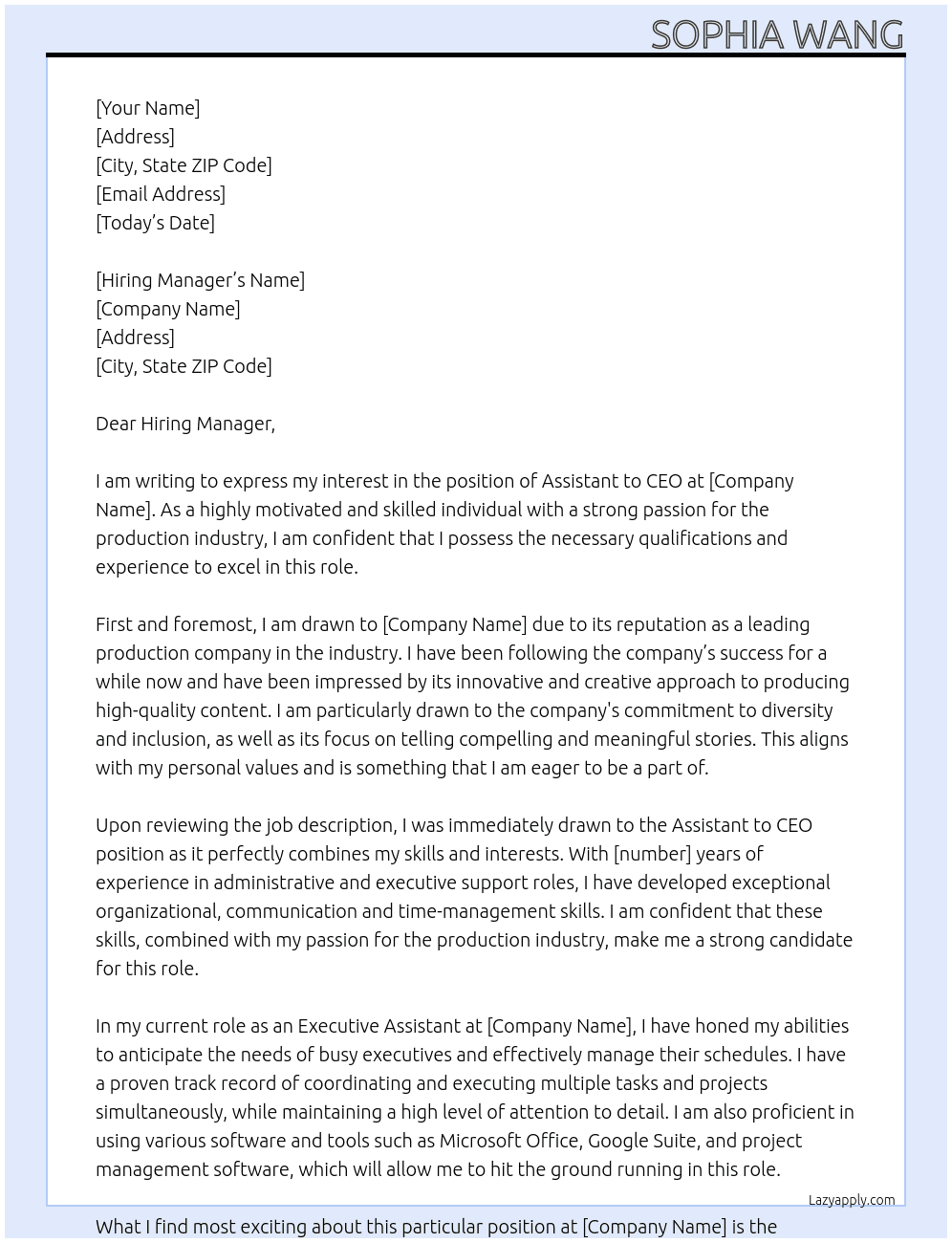 Assistant to CEO At production company Cover Letter