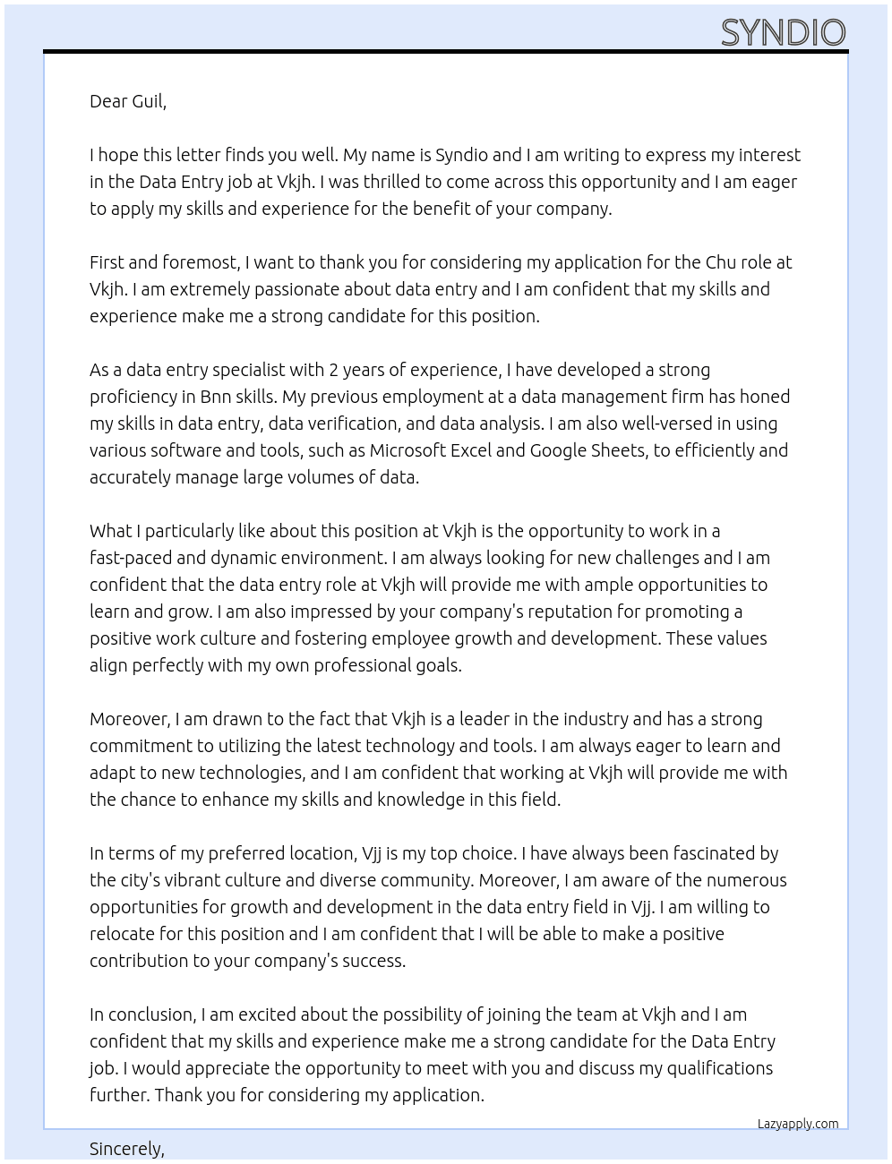 Data entry job At Vkjh Cover Letter
