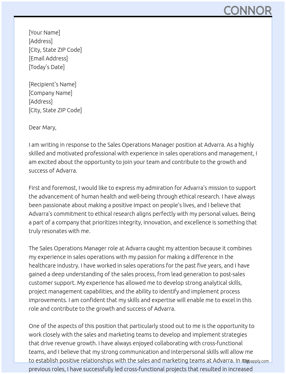 Sales Operations Manager At Advarra Cover Letter