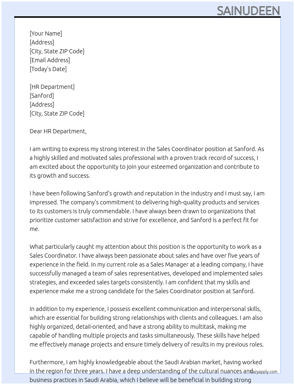 Sales coordinator At Sanford Cover Letter