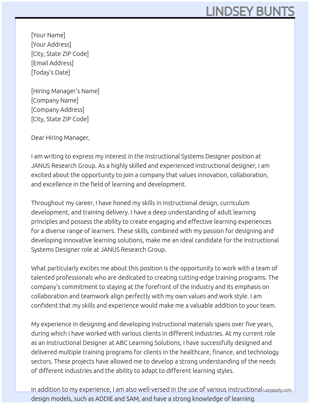 Instructional Systems Designer At JANUS Research Group Cover Letter