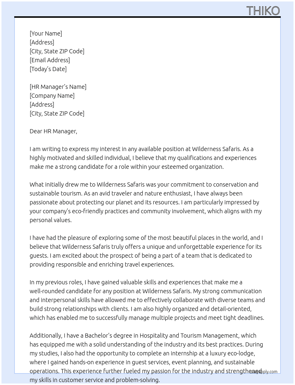 Any available position  At Wilderness safaris  Cover Letter