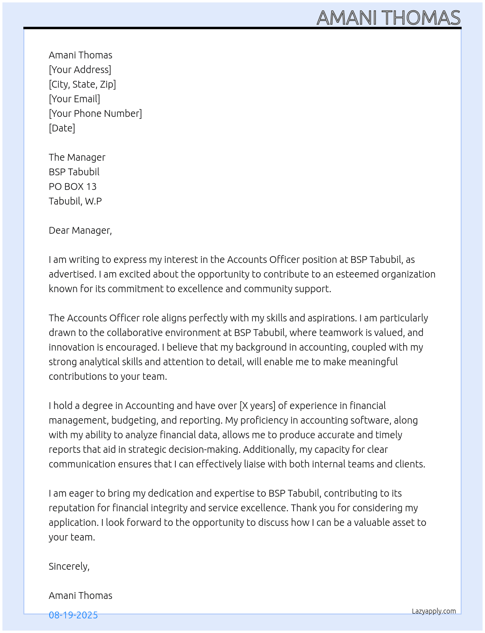 Accounts Officer At BSP Tabubil Cover Letter