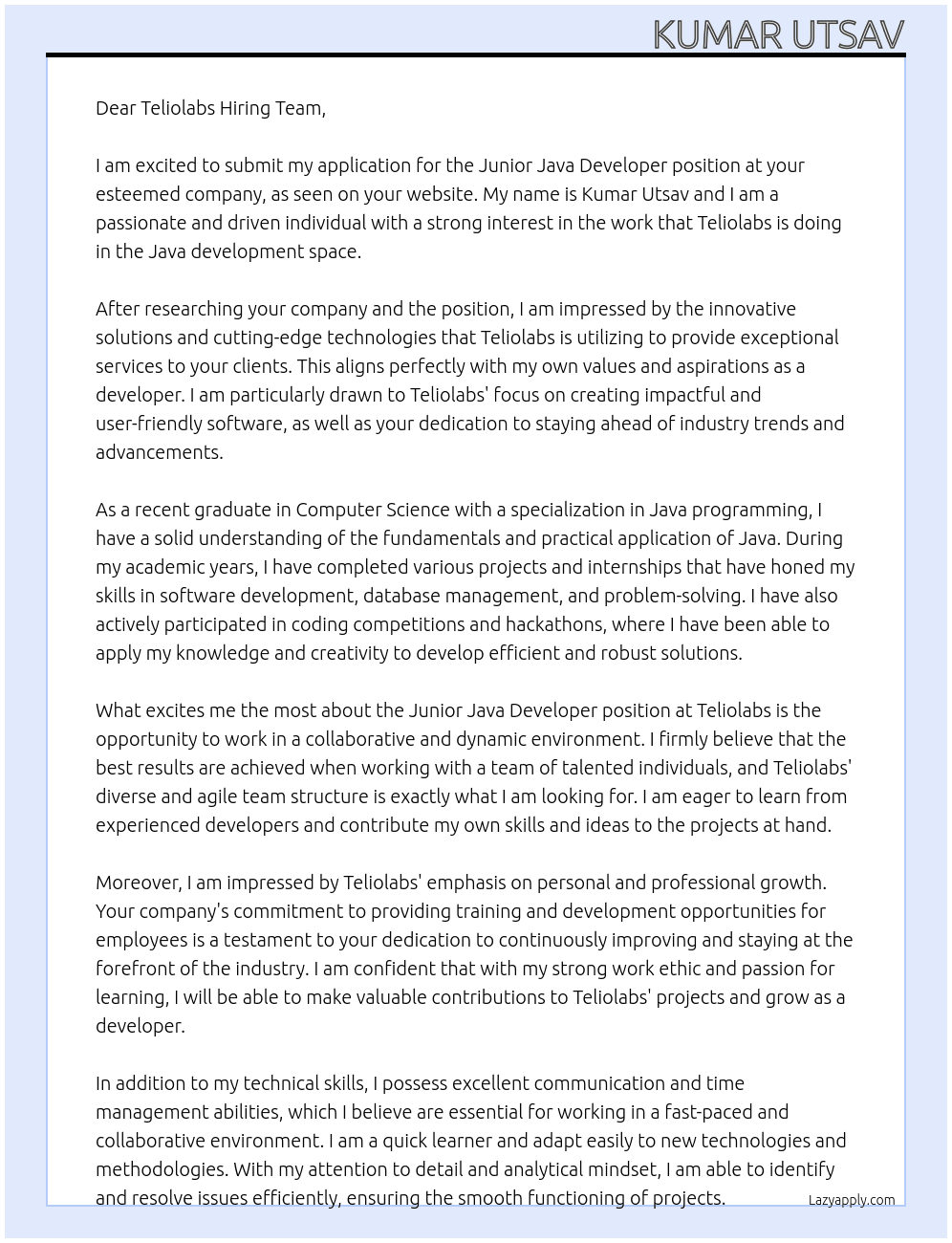 Junior Java Developer At teliolabs Cover Letter